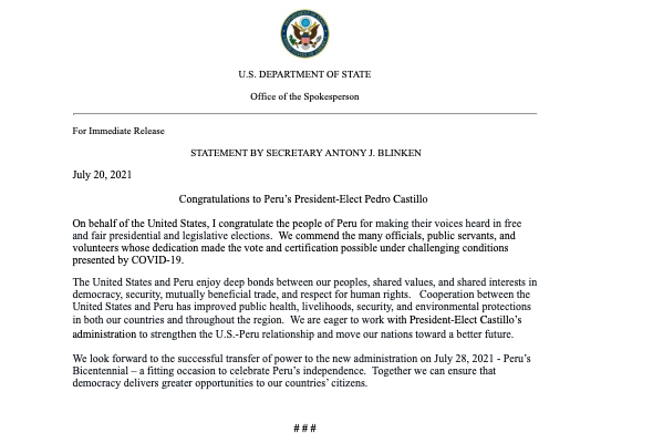 RT @W7VOA: US congratulates #Peru President-elect @PedroCastilloTe. https://t.co/3zah1l2Tk7