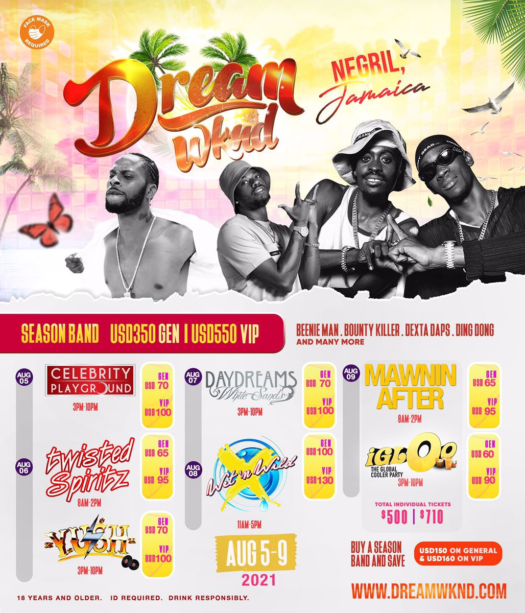 dreamwknd's tweet photo. Buy your season band now and SAVE BIG! Secure your spot at your favorite events and see Dexta Daps @DextaDapsMusic Ding Dong @dingdongravers Bounty Killer @grunggaadzilla Beenie Man @kingbeenieman and more perform live and direct at the Caribbean’s Largest Party Festival! https://t.co/2wh0yQh11w