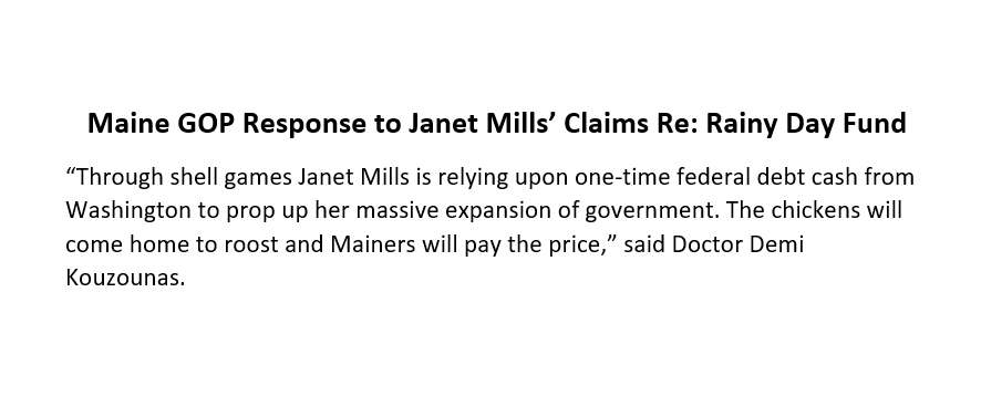 mainegop's tweet photo. Maine GOP Chair @DemiKouzounas responds to Janet Mills' Claims about the Rainy Day Fund balance. #mepolitics #mepress https://t.co/NKnF9jhWgG