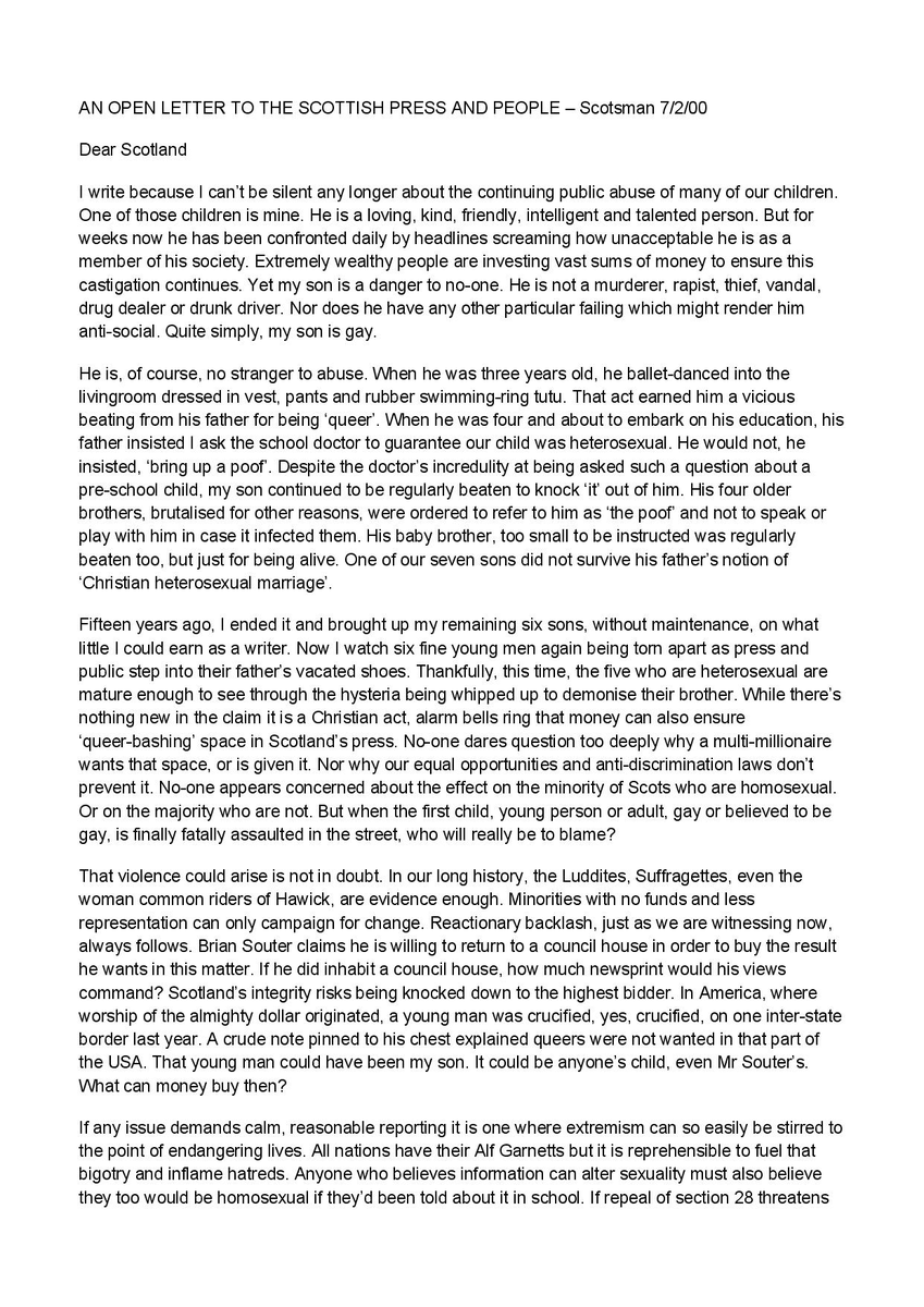 DavidPaisley's tweet photo. My mum, Janet Paisley, was today mentioned at a rally in Glasgow organised by an anti-LGBT+ hate group. The speaker claims my mum was anti-LGBT+ &amp; shared her views. My mum's dead &amp; isn't here to defend herself or her son, but here are her words, in defence of the LGBT+ community. https://t.co/jz9pcQ47CM