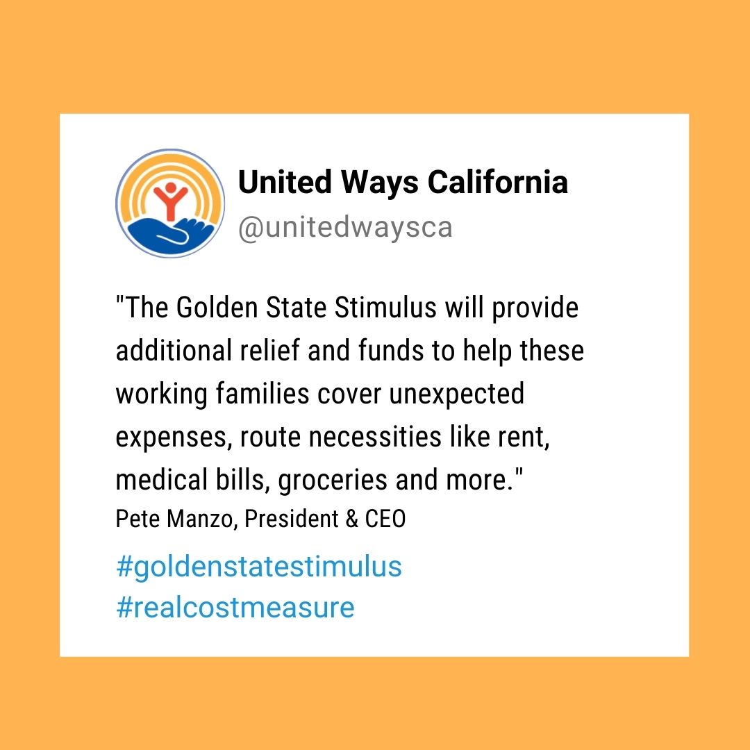 A second round of Golden State Stimulus funding is here and is available to an even larger group of people. In order to receive this stimulus, you must file your 2020 tax return by October 15, 2021. To see if you qualify text the word GOLDEN to 211-211. @UnitedWaysCA https://t.co/mE8wd887fv