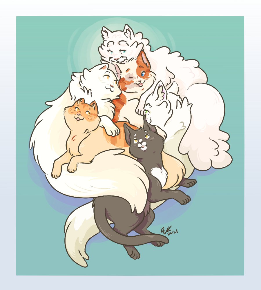 PitaPeeps's tweet image. #wcotw is #Brightheart!  I absolutely adore this cat, so I had to draw her surrounded by her lovely husband and children.  Here&apos;s to you, Brightheart: the OG cat that I love the most in this wacky series.

Snuggle bunch.
#cloudtail #snowbush #whitewing #ambermoon #dewnose