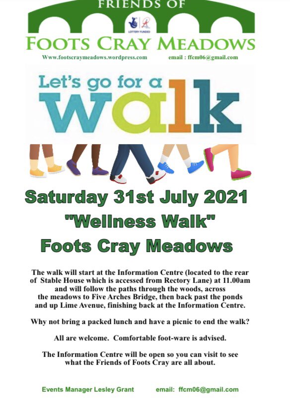Join Friends of Foots Cray Meadows on a Wellness Walk at 11am on Saturday 31st July, starting at the Information Centre (located rear of Stable House, accessed from Rectory Lane). All Welcome, bring a packed lunch for after😉