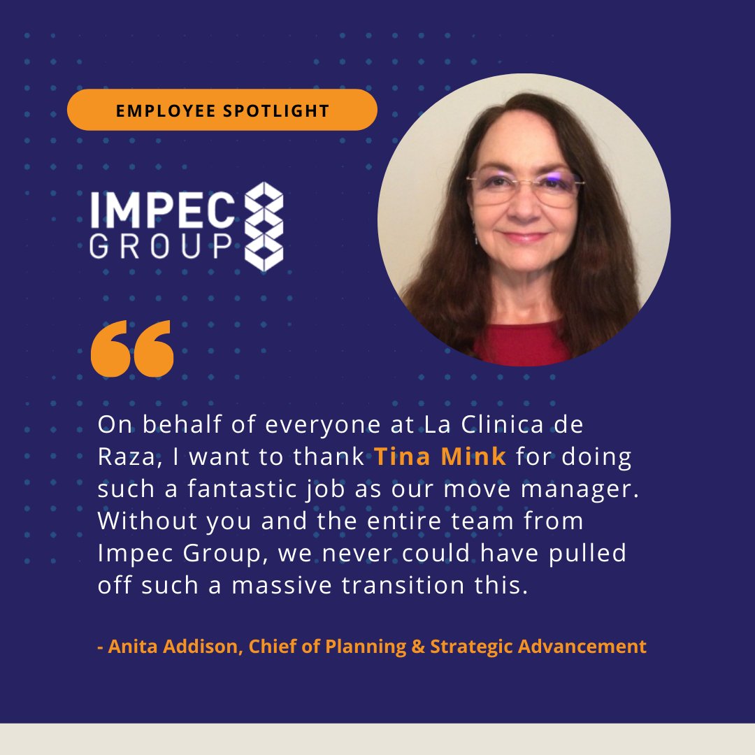 Cheers to Tina Mink on the project management team for this wonderful praise from La Clínica de Raza!  Tina’s expertise in coordinating biotech labs, medical labs and exam room relocations was a crucial benefit in making this move successful. You make us #impecproud.