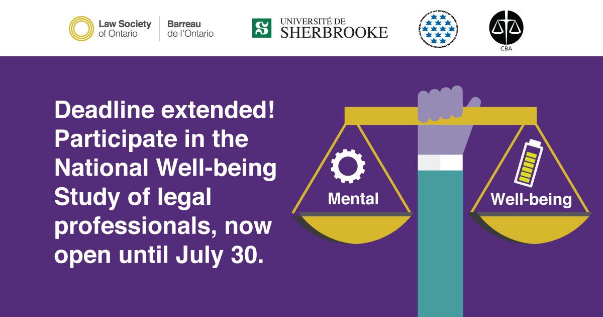 The National Well-being Study of legal professionals ends July 30. Please complete the anonymous &amp; confidential questionnaire that will help researchers better understand well-being in the professions: lso.ca/news-events/ne…