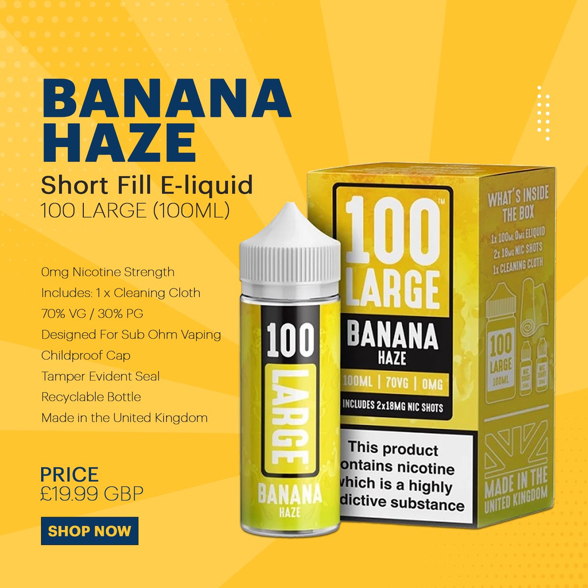 Best4ecigs's tweet photo. Banana Haze - Short Fill E-liquid by 100 Large (100ml) Includes 2 x 10ml 18mg Nicotine Shots 💨💨💨

Purchase online or in-store for just £19.99!

Learn more here: https://t.co/mwGGXq0GWn

#shortfill #eliquid #vaping #vapes #vapecommunity https://t.co/BrDRDb4mQw
