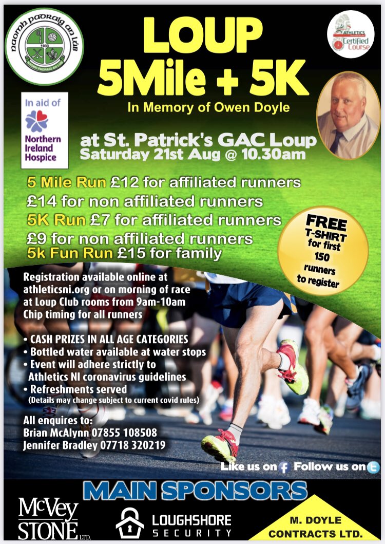 anlubgac's tweet photo. 🏃‍♀️Loup 5K and 5 Mile 🏃‍♂️ 

Our 5K and 5 mile run in memory of Owen Doyle will take place on Saturday 21st August from 10:30am. Strict social distancing rules apply. Please like and share. https://t.co/5UfJx1VZzi