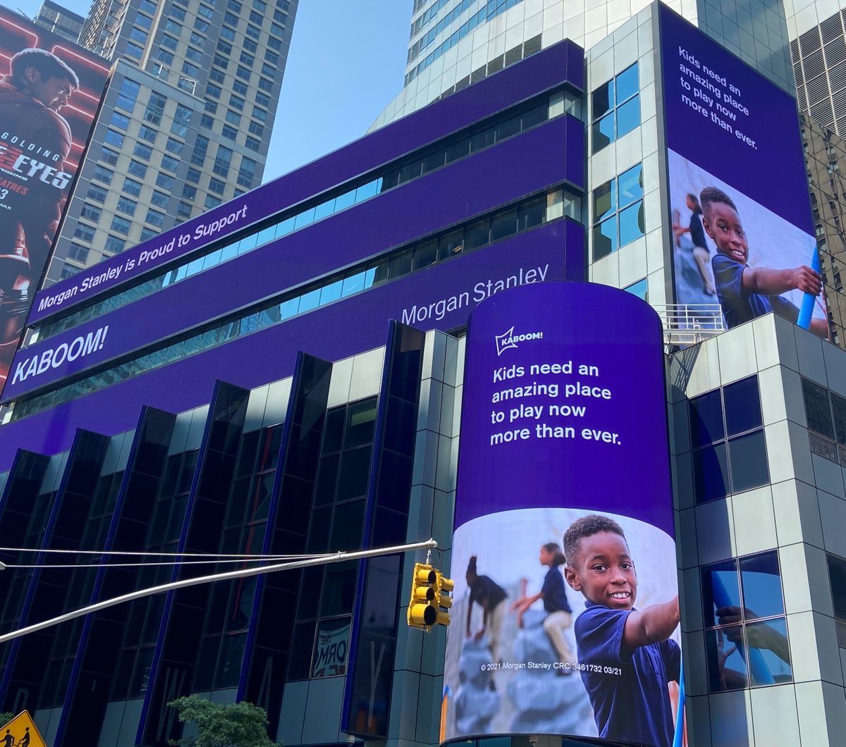 When you see your name on #LightsOnBroadway in <a href="/TimesSquareNYC/">Times Square</a>🤩! Thank you <a href="/MorganStanley/">Morgan Stanley</a> for being our longtime partner and helping us build amazing places for kids to play together, feel a sense of belonging, and thrive. kaboom.org/partners/meet-… #MSGivesback