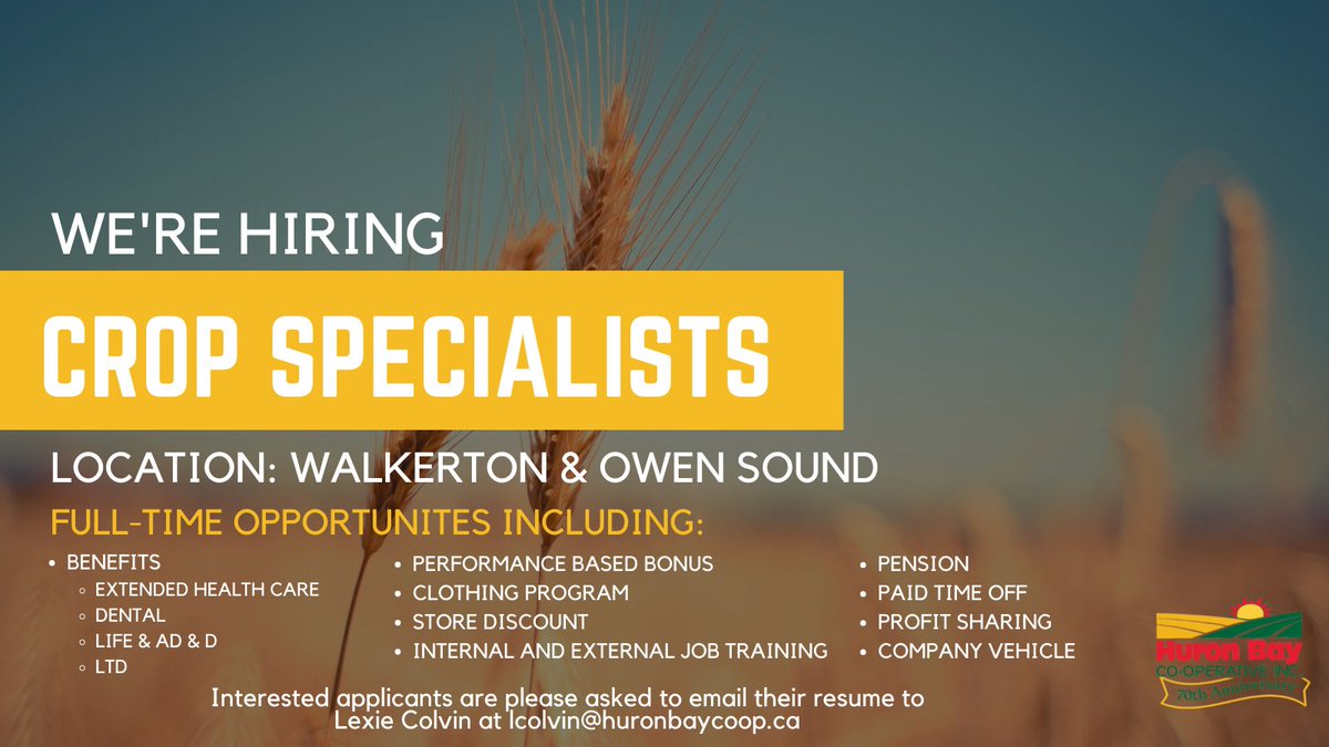WE'RE HIRING! HBC is currently looking for Crop Specialists for our Walkerton and Owen Sound areas! For more information, please reach out to lcolvin@huronbaycoop.ca! #hiring #ontag #cdnag #cropspecialist #ontarioagriculture #agronomy #sales