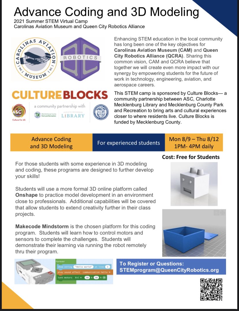 HillsDruid's tweet photo. Virtual Coding Camp will be open to all students grades (6-8). Parents can scan the bar code on the flyer to register. 20 slots available, Each participant will receive a $25 gift card  for participating. The camp is composed of two sessions and each session lasts for four days! https://t.co/PdOO9A8K8V