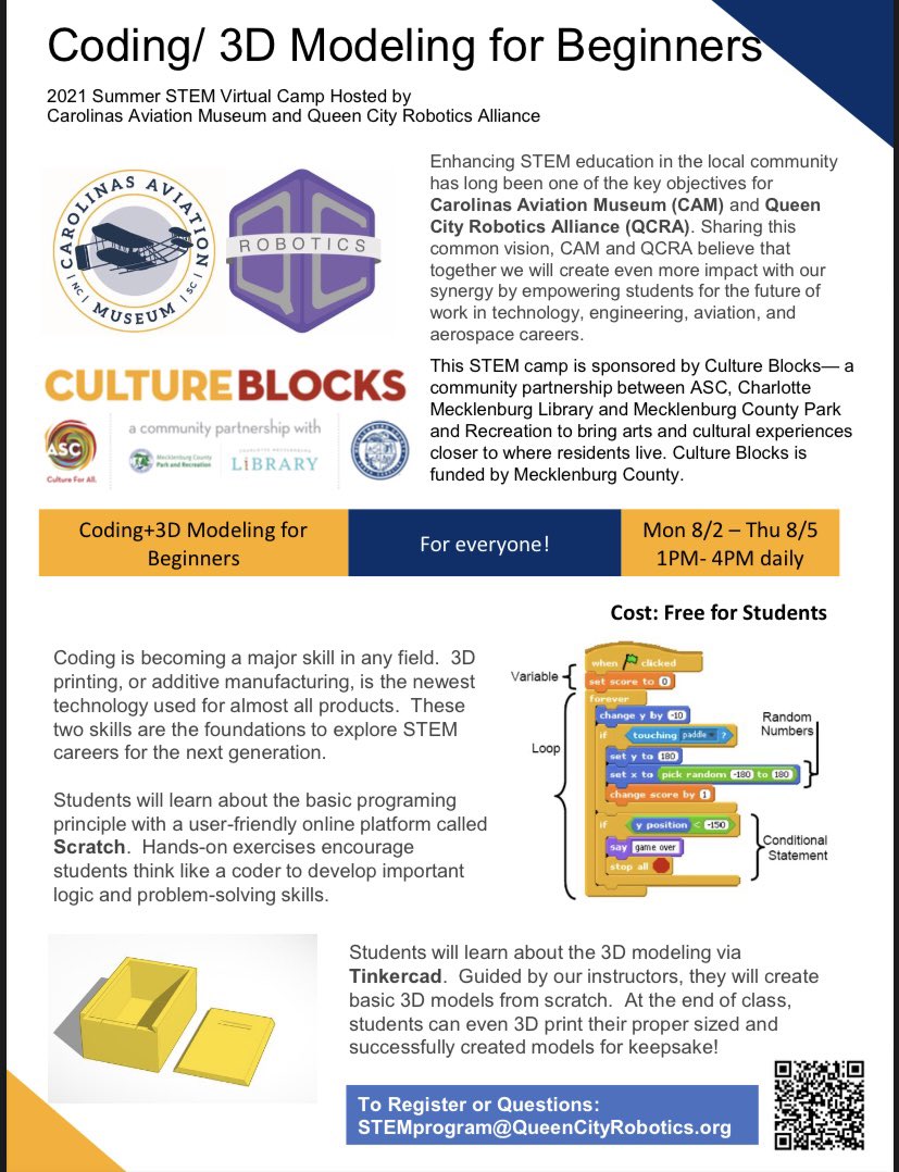 HillsDruid's tweet photo. Virtual Coding Camp will be open to all students grades (6-8). Parents can scan the bar code on the flyer to register. 20 slots available, Each participant will receive a $25 gift card  for participating. The camp is composed of two sessions and each session lasts for four days! https://t.co/PdOO9A8K8V