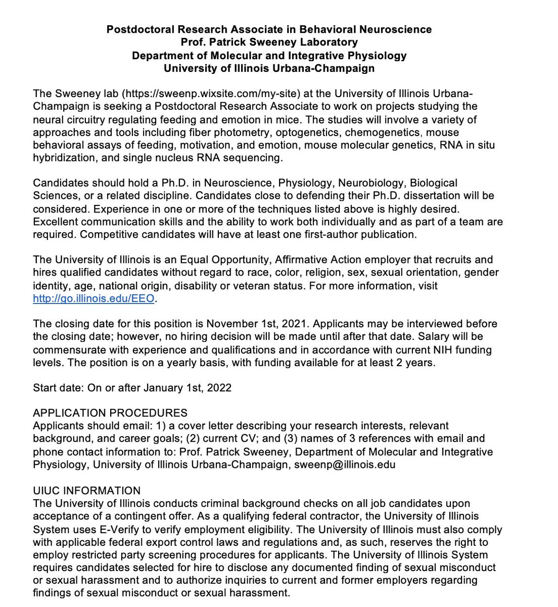 Patrick Sweeney (@psweeney1229) on Twitter photo My lab at <a href="/MCB_Illinois/">U of I School of Molecular and Cellular Biology</a> is looking for a #postdoc in behavioral neuroscience studying #anorexia <a href="/Illinois_Alma/">University of Illinois</a> <a href="/thepostdoctoral/">The Postdoctoral</a> #Illinois #STEM My lab at <a href="/MCB_Illinois/">U of I School of Molecular and Cellular Biology</a> is looking for a #postdoc in behavioral neuroscience studying #anorexia <a href="/Illinois_Alma/">University of Illinois</a> <a href="/thepostdoctoral/">The Postdoctoral</a> #Illinois #STEM