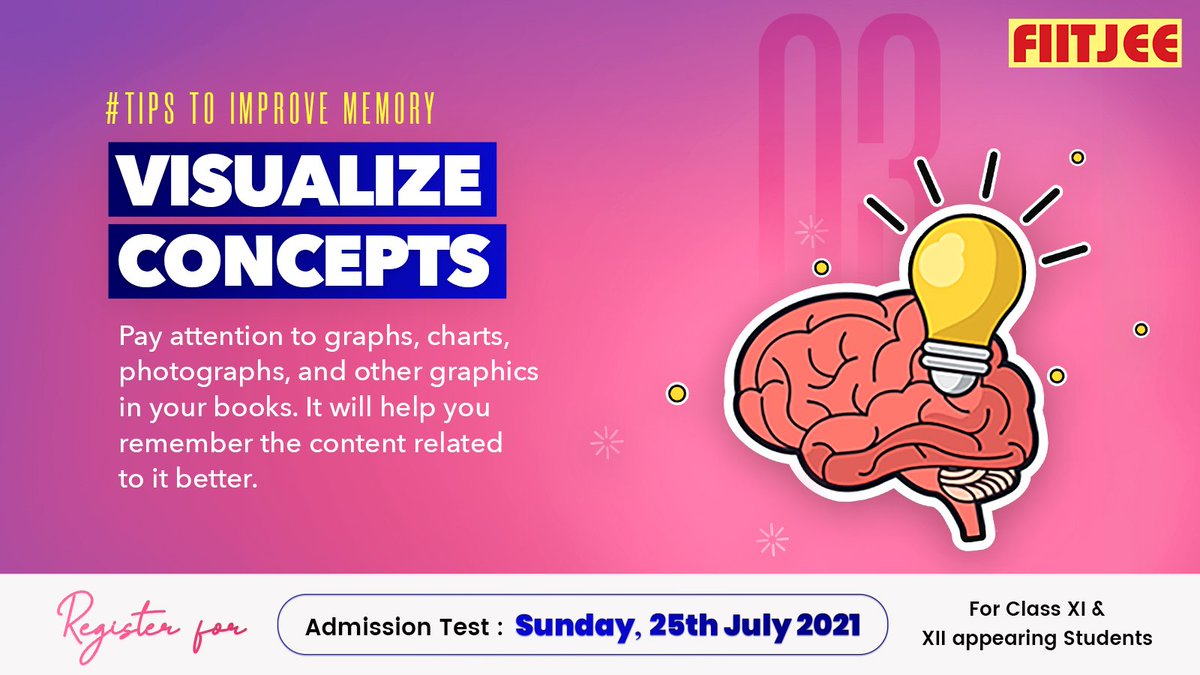 fiitjeesouthdel's tweet photo. #TipsToImproveMemory

Visualize Concepts: Pay attention to graphs, charts, photographs, and other graphics in your books. It will help you remember the content related to it better. https://t.co/u5CwRiD02q https://t.co/Nuc58sOk0O