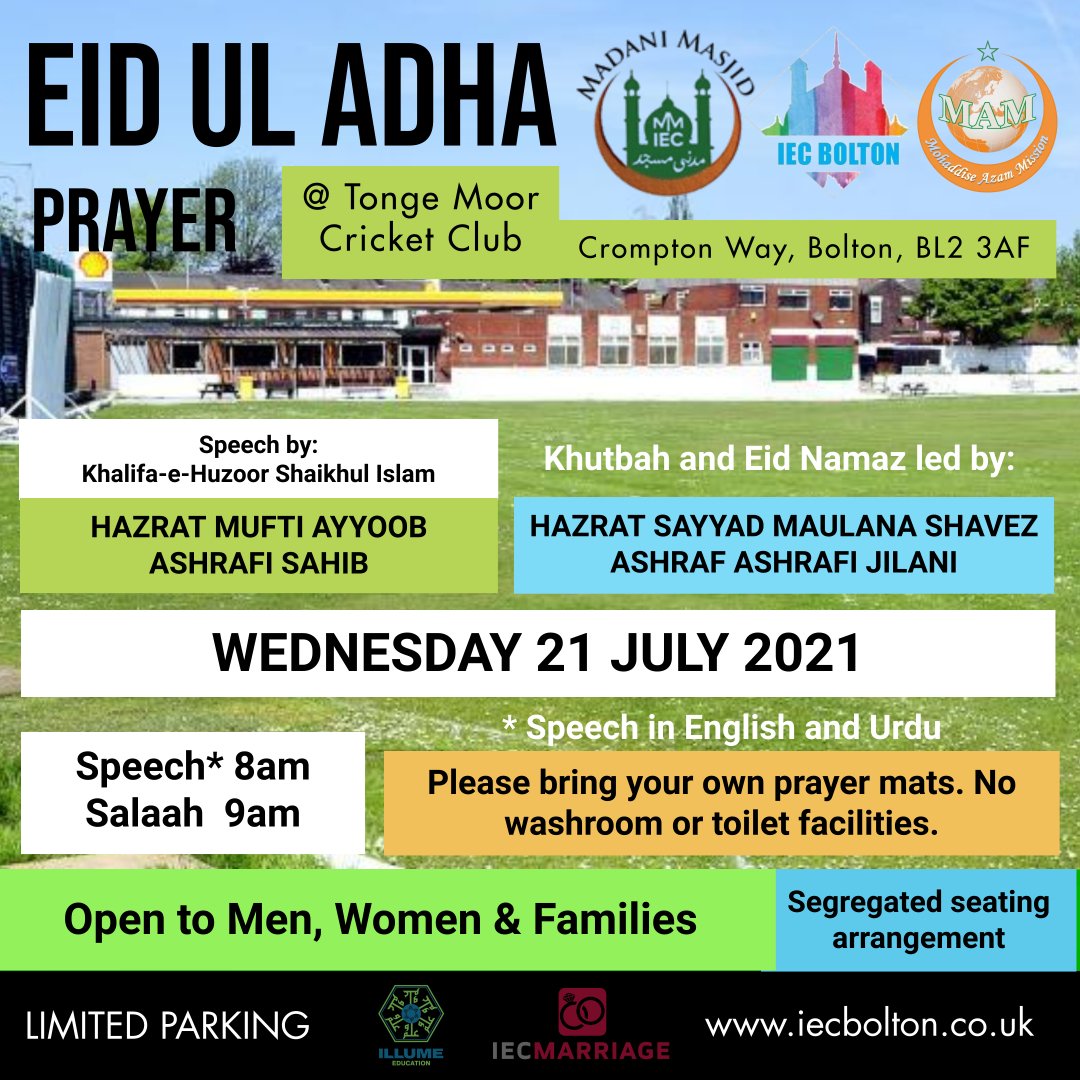 madanibolton's tweet photo. You can perform Eid Salaah in the Eidgah this year, as per the Sunnah.  On behalf of @MA_Mission_BL &amp; Madani Masjid | IEC Bolton. Arrive early and try to walk, as there is limited parking. https://t.co/wAYEA88BWu