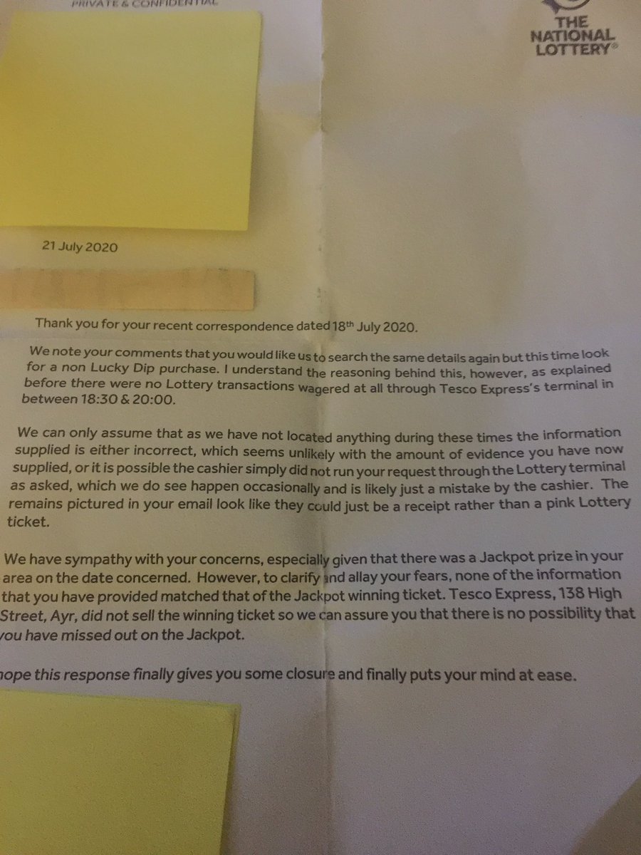 AgentSmithInAyr's tweet image. I know and swear, I purchased a ticket on the dates I gave. I am very sure they were the jackpot winning numbers but possibly out by one 16, why wasn’t it on their system? Was it a mistake by the cashier? @tesco would not check their till @TNLUK 17/03/20