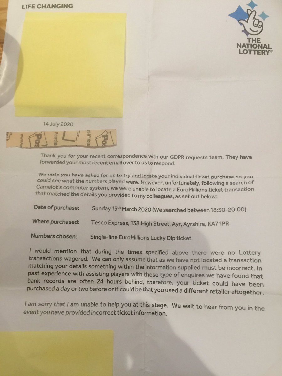 AgentSmithInAyr's tweet image. I know and swear, I purchased a ticket on the dates I gave. I am very sure they were the jackpot winning numbers but possibly out by one 16, why wasn’t it on their system? Was it a mistake by the cashier? @tesco would not check their till @TNLUK 17/03/20