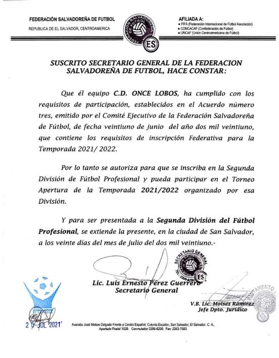 #SegundaDivisión 
Gracias a Dios hemos cumplido con todos los requisitos de participación y estamos legalmente Inscritos y listos para participar en el torneo apertura Temporada 2021/2022 de la Segunda División ES