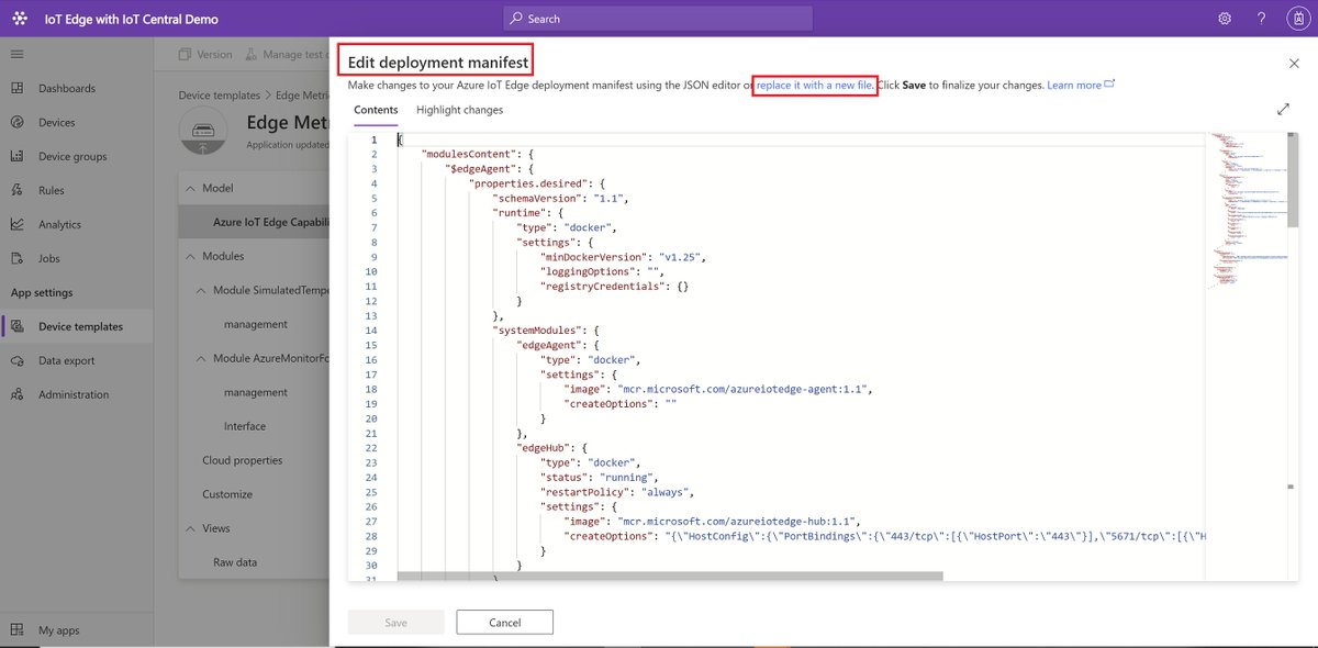 RangaVadlamudi's tweet image. You can now edit edge deployment manifest in IoT Central. In device template experience when edge device template is in draft mode you can edit or replace the manifest. #iotcentral #iotedge