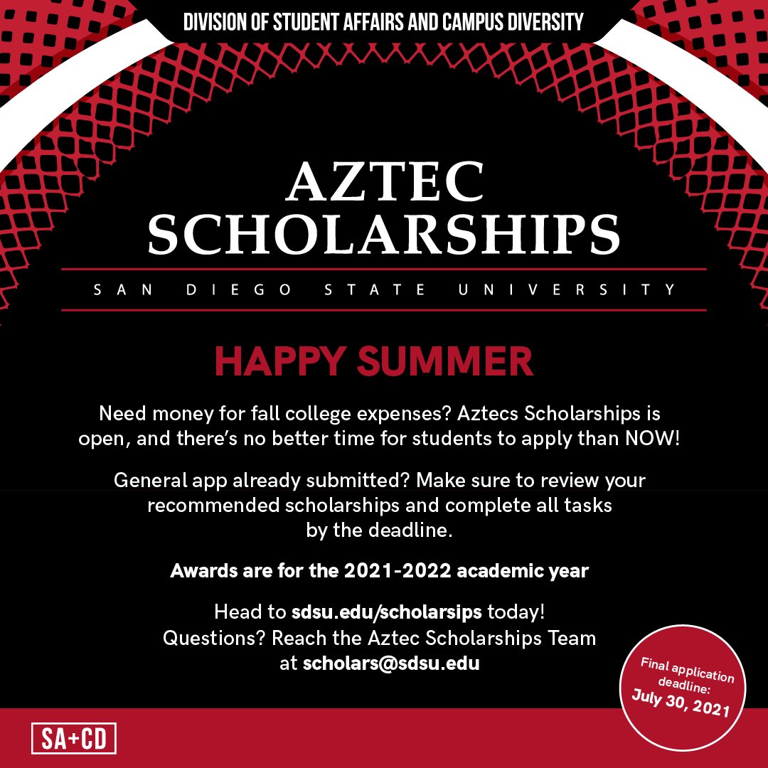 The deadline to apply for 2021-2022 SDSU scholarships (including study abroad) is next Friday (July 30th)!! 💵

Click on the link in our bio to obtain the application. 

Don’t miss out on funding for the academic year!!