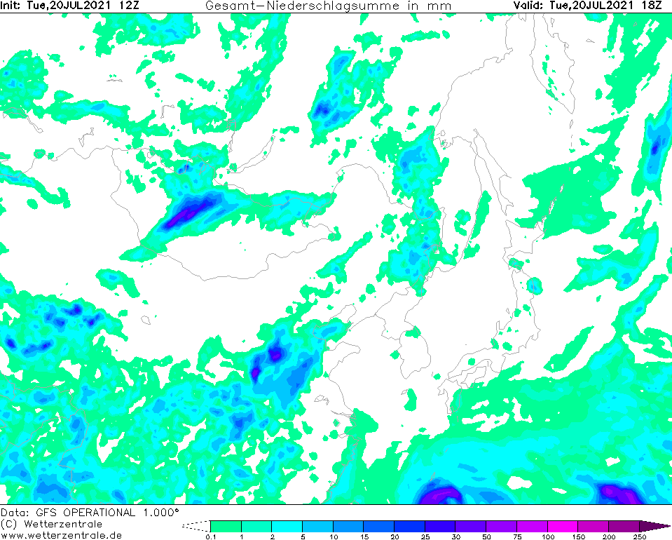 Verschrikkelijke beelden van overstromingen in #Zhengzhou China... Gerucht gaat op Twitter dat er >200mm in één uur viel. Maar zou dat geen vertaalfout zijn? Kan iemand linkerplaatje lezen? GFS (rechts) komt tot >200mm als etmaalsom. Dat is nog steeds 2x zoveel als Eifel/Ardennen