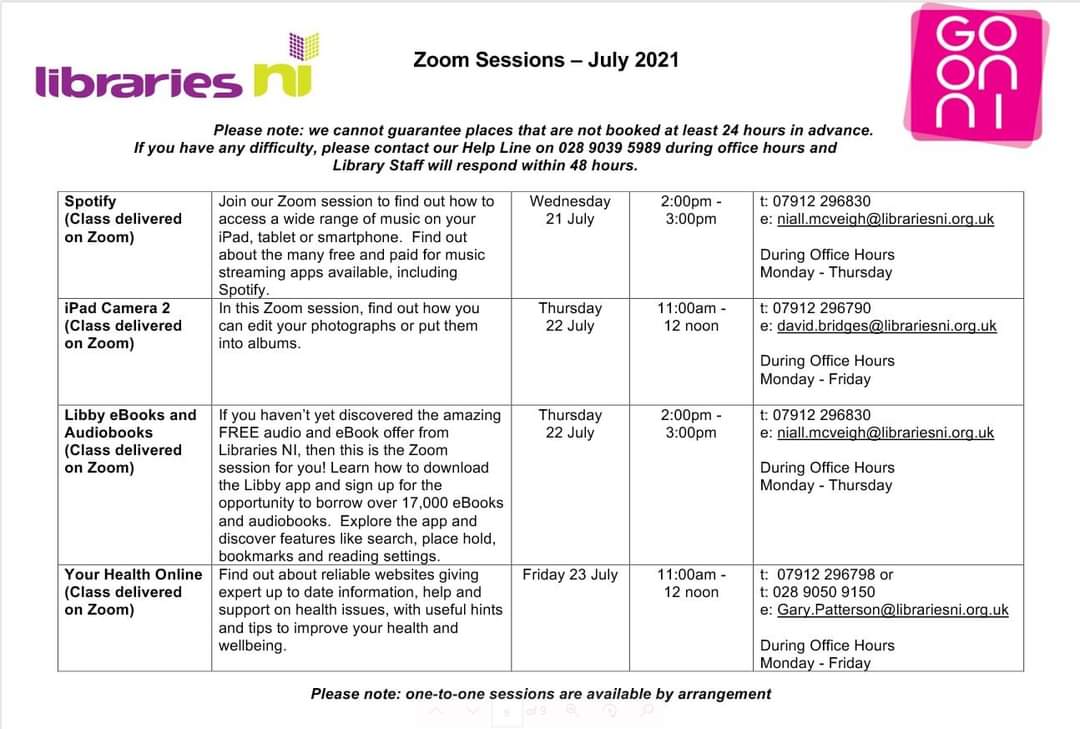 justjillianblog's tweet photo. Have you booked one of our IT #Zoom sessions yet? Check them out @LibrariesNI #ebooks #Spotify #iPadCamera #HealthOnline https://t.co/fZ4CFmT1kC