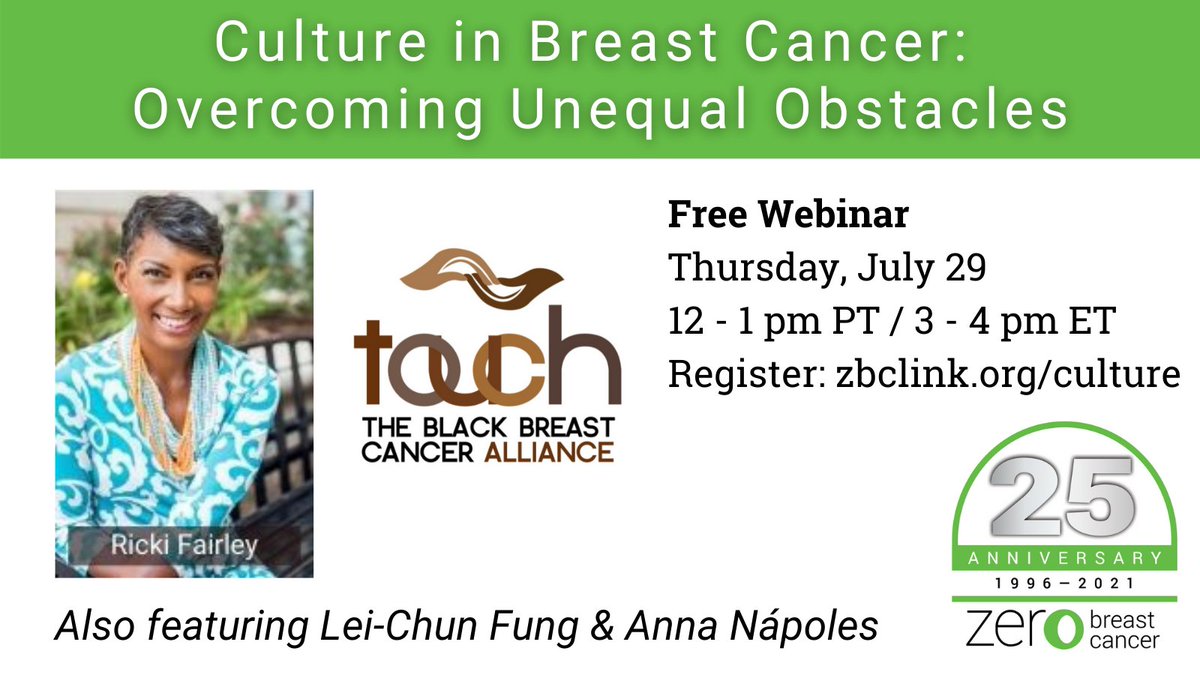 zerobreastcancr's tweet photo. Join us Thurs. 7/29 at 12 pm PT for our webinar Culture in Breast Cancer: Overcoming Unequal Obstacles! It is an honor to have @RickiDOVE from @touchbbca discuss how she helps Black women with breast cancer. Register at https://t.co/Q2AgOw1jSL. 

#ZeroBreastCancer
#ZBCbridge https://t.co/unYqneZZnH