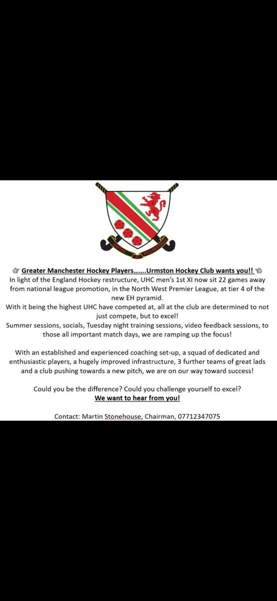UrmstonHC's tweet photo. Pre-season is fast approaching for the men's section and we are looking for new players. Think you have what it takes to wear the shirt? Get in touch via the contact details below. @EH_North @EnglandHockey https://t.co/u6h0aYioS1