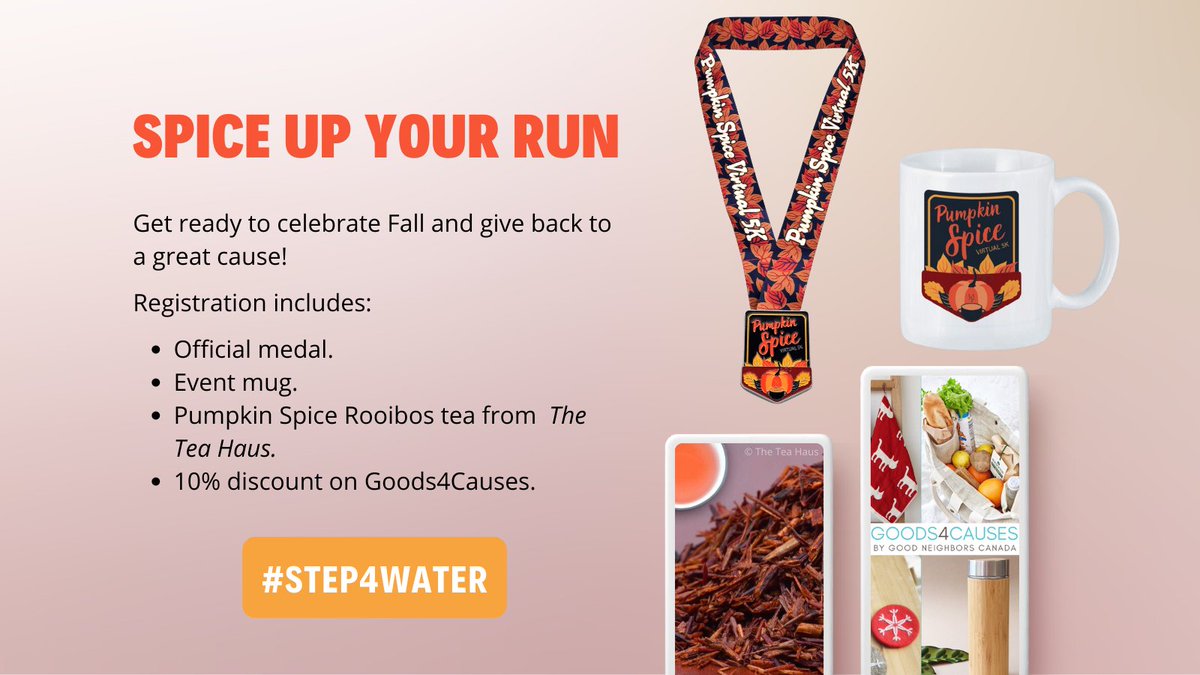 RunningRoom's tweet photo. Early bird registrations are now open for the #PumpkinSpiceVirtual5K! Register for only $25. All participants receive a kit to celebrate Fall. ! Proceeds go to clean water projects. Follow the link https://t.co/vtTny9MePY
#step4water #spiceupyourfall #gncanada #virtualrun https://t.co/0p9XUO9O8p
