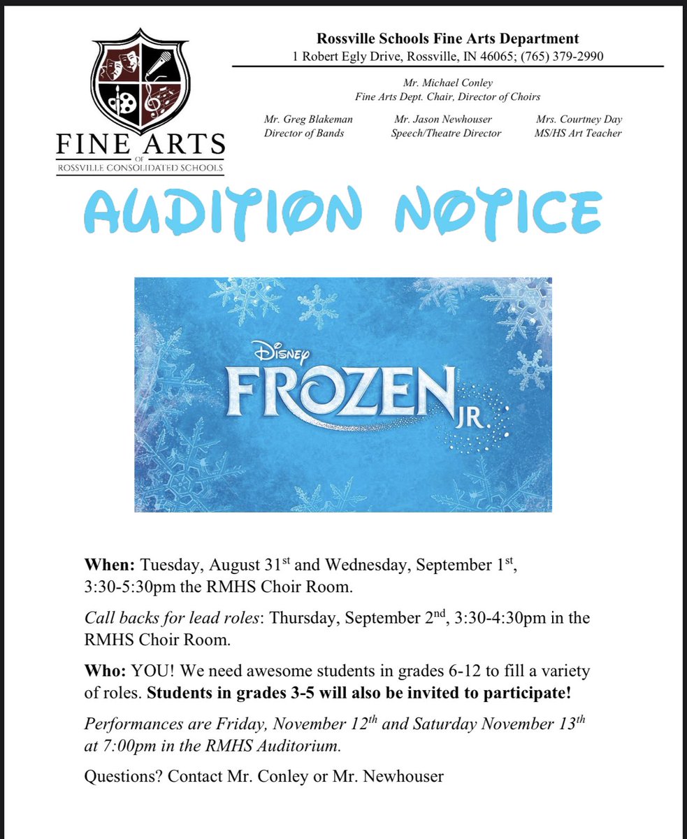 It’s gettin cold in here!! Auditions for the 2021 RMHS musical Frozen Jr. are quickly approaching. Spread the word!!! <a href="/RossvilleSchool/">Rossville Schools</a> <a href="/terrylthompson6/">Terry Thompson</a> <a href="/DunnShann/">Shann Dunn</a>