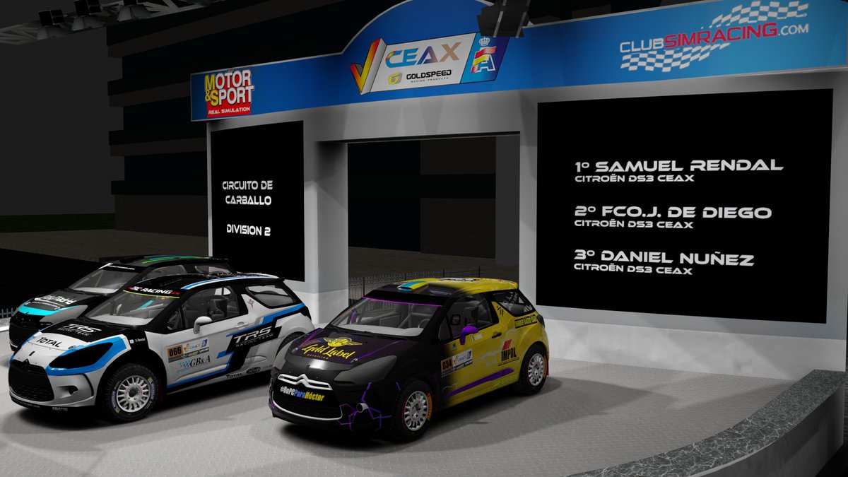 PODIO DE LOS GANADORES DEL AUTOCROSS CIRCUITO DE CARBALLO VIRTUAL 2021 DIVISION 2. <a href="/CeaxVirtual/">CEAX_Virtual</a> <a href="/club_simracing/">Club Simracing</a> 
1º <a href="/RendalSamu/">Samuel Rendal</a> 
2º <a href="/Javier_ddf/">Javier de Diego</a> 
3º <a href="/DaniNT12/">DaniNT_</a>