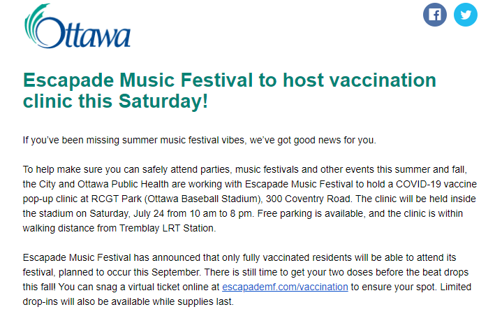 This is something new! The City of Ottawa and the Escapade Music Festival are partnering up to host a vaccination clinic this Saturday! Only fully vaccinated fans can attend the festival - escapademf.com/vaccination/ #Ottawa