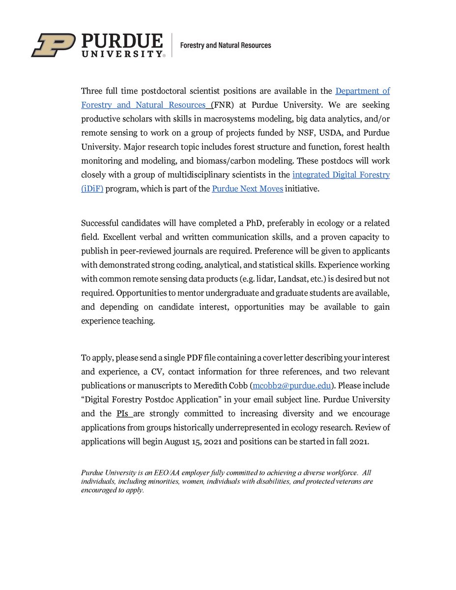 Come work with us! We have openings for three postdocs to study various aspects of forest ecology at Purdue University.