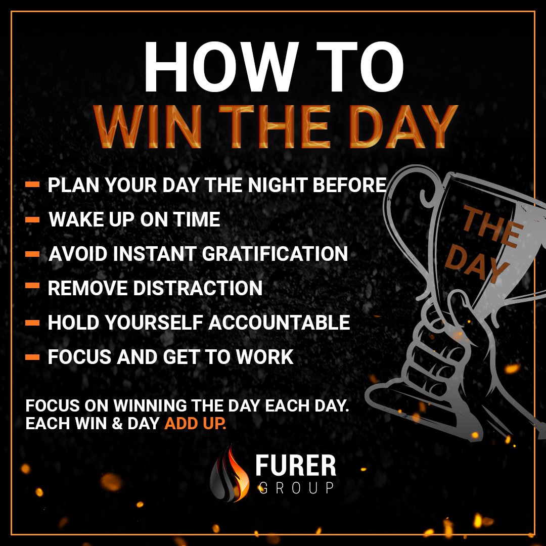 Be a winner! Starting your day right is key to make the most out of it. Plan, focus, and take action to win each day!

#FurerGroup #Motivation #Win #DailyPlanning #Plan #Focus #Work #TakeAction #Winner #Success