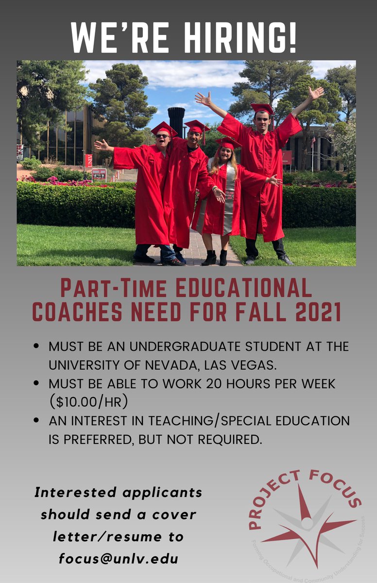 unlv_FOCUS's tweet photo. Hey Friends! Project FOCUS is officially hiring for a ✨ new✨ educational coach to join our team this fall. Do you know anyone looking for part-time work this semester? Spread the word! Email us at focus@unlv.edu for more info 😊 👍 https://t.co/7jamgUXQHM