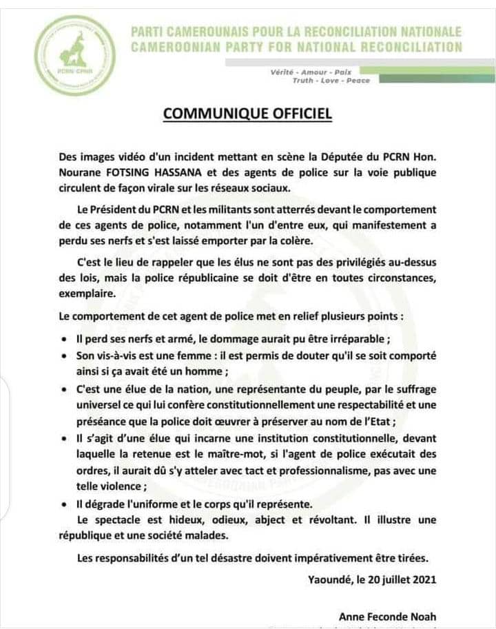Pcrn_Officiel's tweet photo. Communiqué officiel sur l'affaire de l'hon. @nouranefoster à Bafoussam ce jour. https://t.co/qX7rKK1WW1