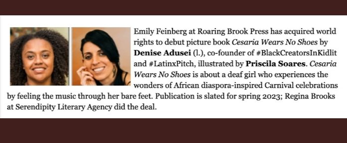 DeniseLit4Kids's tweet image. Overjoyed to announce my debut #picturebook CESARIA WEARS NO SHOES for spring &apos;23. Thrilled that Priscila Soares will illustrate &amp;amp; bring the story to life. Honored to team up w @EmilyFeinberg from Roaring Books &amp;amp; @reginalbrooks from @serendipitylit on this #childrensbook.