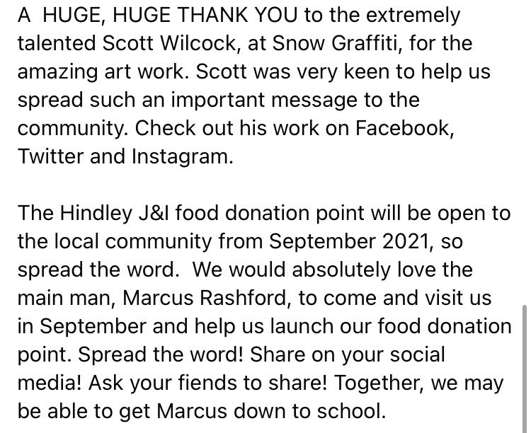 Proud to be launching our very own Food Donation point at Hindley J &amp; I from September 2021! We would love Marcus to visit us and help to spread the word! <a href="/MarcusRashford/">MR14</a>