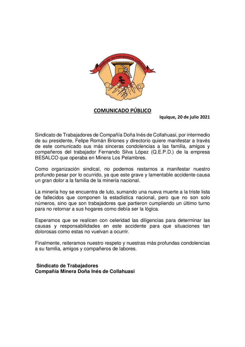 Comunicado Público de Sindicato de Trabajadores Collahuasi, ante el lamentable accidente que provocó el fallecimiento del trabajador de BESALCO que operaba en Minera Los Pelambres, Fernando Silva López (Q.E.P.D.).