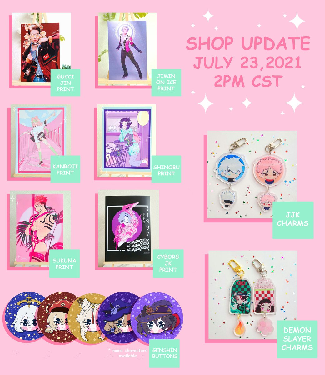 MochiYogurtt's tweet photo. Shop In-stock update 
(JULY 23,2021 2:00 PM CST) 

All our in-stocks are coming back together with our new bbys! Check them out in these pictures 🥺🤘

Very nervous since it's a big update but we can't wait to share our new stuff to our online peeps! 

#BTS #anime #btsfanart https://t.co/RM4nucMDsb