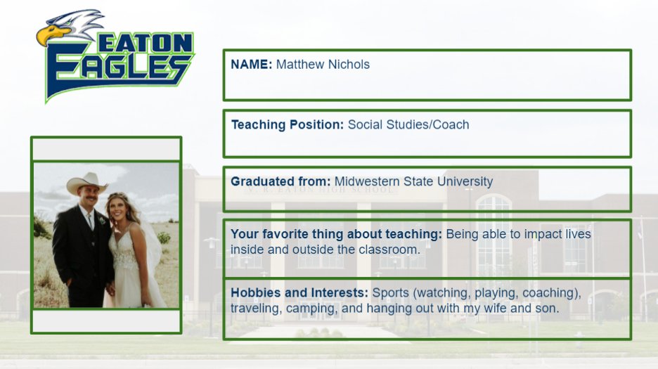 EatonHighSchool's tweet image. 🦅 Eaton High School would like to welcome Matthew Nichols @Coach_MNichols as a new Social Studies teacher and coach at EHS! We are super excited to have him join the Nest! Please give him a ☀️ warm welcome. #WeAreVR