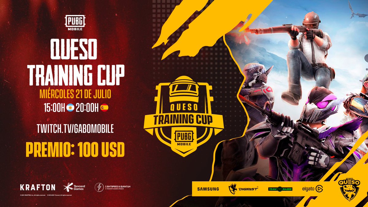 ¡Presentamos la #QuesoTrainingCup! 💪🧀

Los mejores equipos de LATAM entrenando para los próximos torneos regionales y compitiendo por un prize-pool de USD 100 🏆 

🗓️ Miércoles 21/07 - 3 pm 🇦🇷 / 8 pm 🇪🇸
📺 twitch.tv/gabomobile

Actividad promocionada de #PUBGMobile.