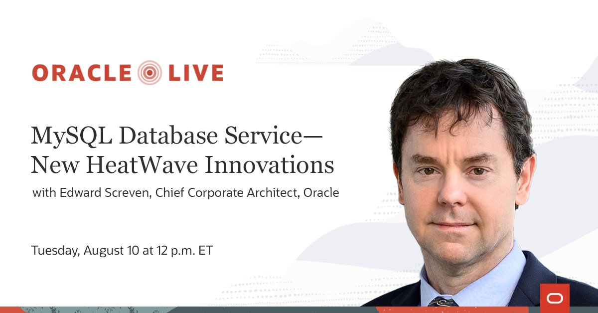 MySQL's tweet image. [Oracle Live] Aug 10, 2021. 9AM PST.  HeatWave is changing the #MySQL game! Increased automation, improved performance, and expanded workloads. Incl. new benchmarks, product demo, and customers testimonials. Register now:bit.ly/36MiBIR
#cloud #Oracle #OracleLive