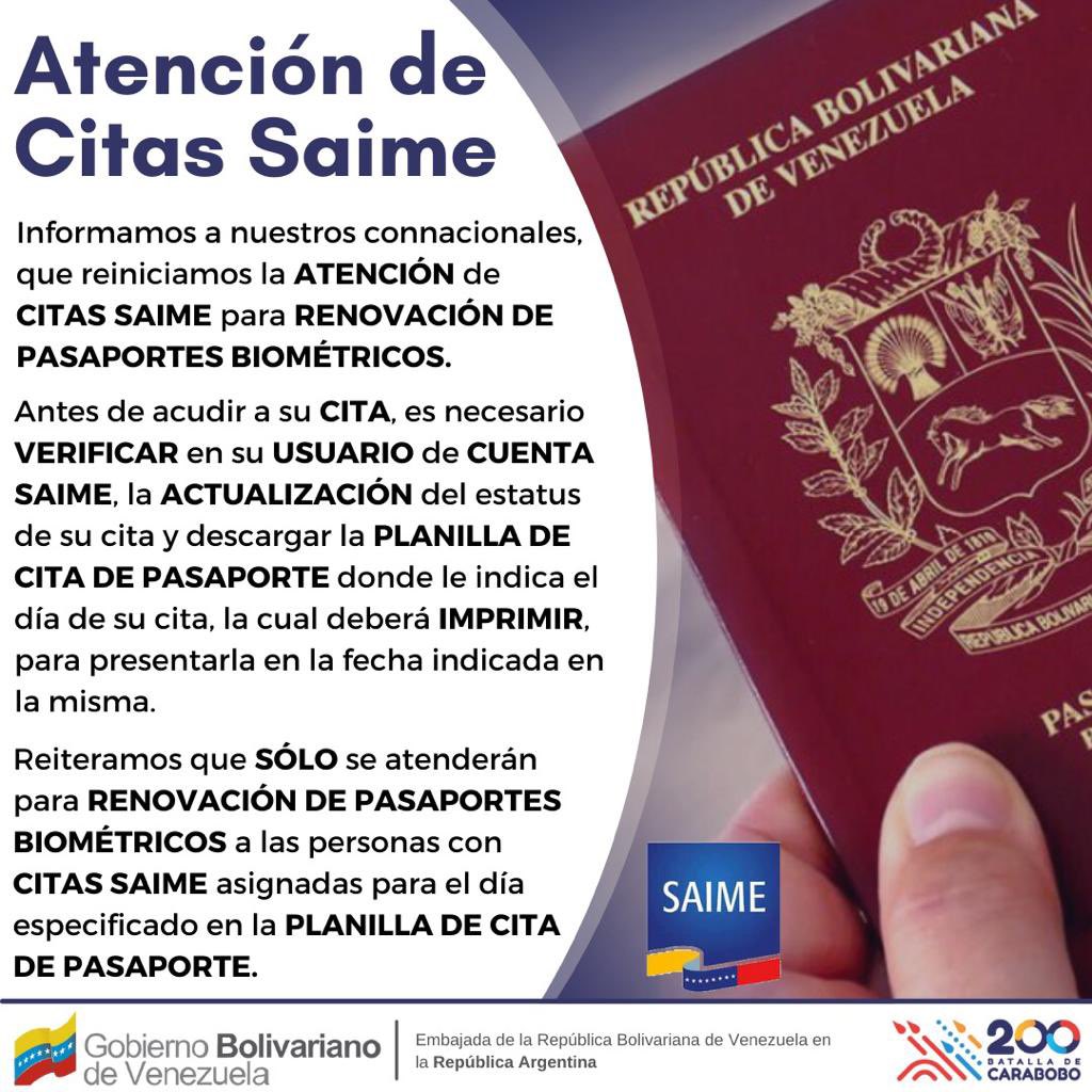 EmbaVEArgentina's tweet photo. Informamos a nuestros connacionales en #Argentina , que REINICIAMOS en nuestra sede, la ATENCIÓN de CITAS #Saime para RENOVACIÓN DE PASAPORTES BIOMÉTRICOS @VenezuelaSaime @CancilleriaVE https://t.co/nyrJwWIHb1
