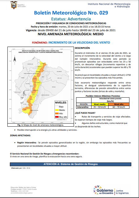 tomebamba's tweet photo. El @inamhi advierte el incremento de la velocidad del viento en el callejón Interandino, desde este miércoles 21 hasta el viernes 23 de julio. Se estiman velocidades de entre los 25 y 70 km/h, y no se descarta la presencia de ráfagas por este fenómeno. https://t.co/E3Wh1vm9eY
