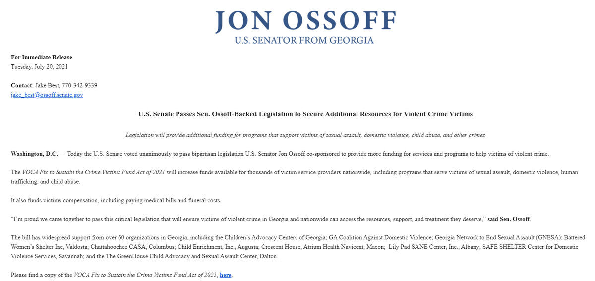 RT @ZaidJilani: Jon Ossoff helps secure additional funds for crime victims https://t.co/1gw5lqaSl9