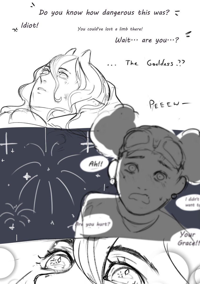 I sketched a little comic about my OCs Molly and Cedrik and how they met!
Molly helped organizing the firework tho honor the goddess' decending, who snuck out to watch it. 