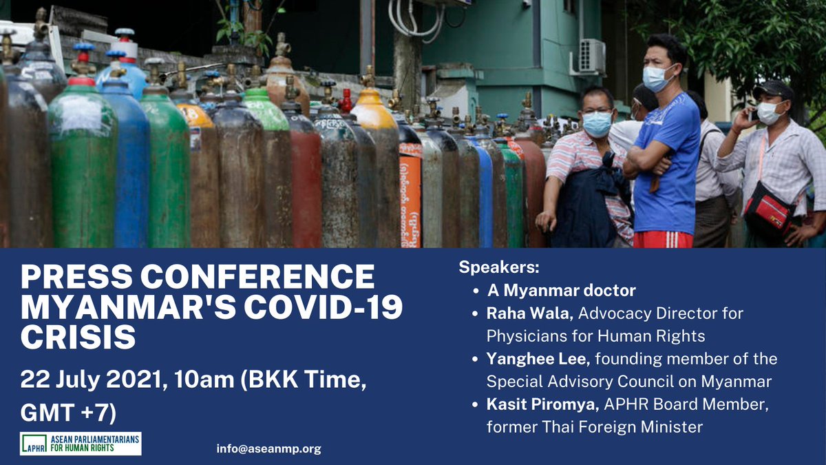 PRESS CONFERENCE: Myanmar's COVID-19 Crisis. Tomorrow (July 22), 10am BKK Time

Join us tomorrow morning for a Press Conference on the latest situation in #Myanmar &amp; for recommendations to the international community on how they can respond

Register here
us02web.zoom.us/webinar/regist…