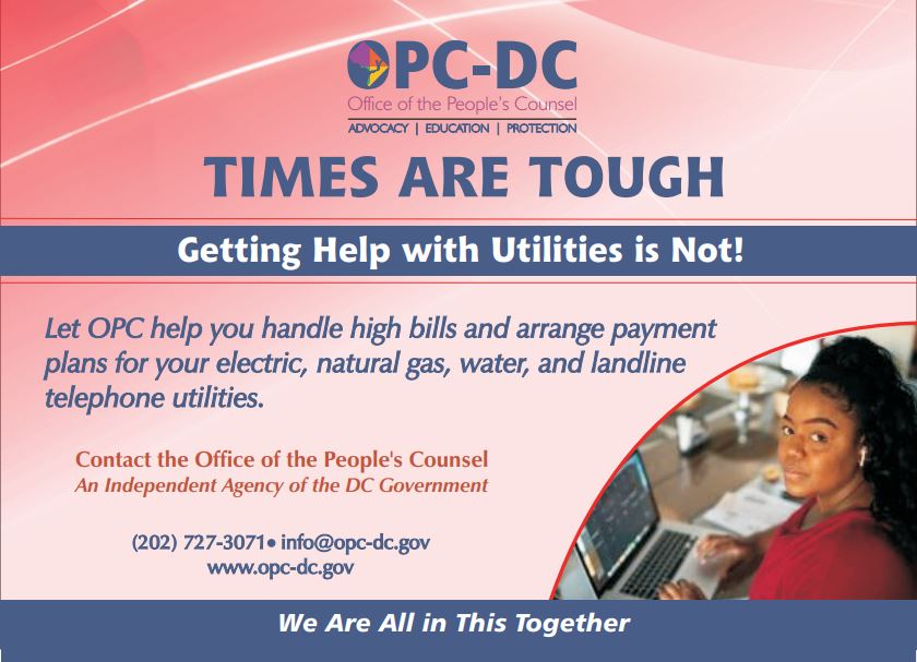 DCOPC's tweet photo. ሰላም! Struggling with utility bills? @DCOPC can connect you with payment assistance programs and negotiate payment plans with utility companies. Call @DCOPC at (202) 727-3071. #OPCcanHelp #OPCadvocates #Here2HelpDC #FridayFeelings https://t.co/XY9DikGFVw
