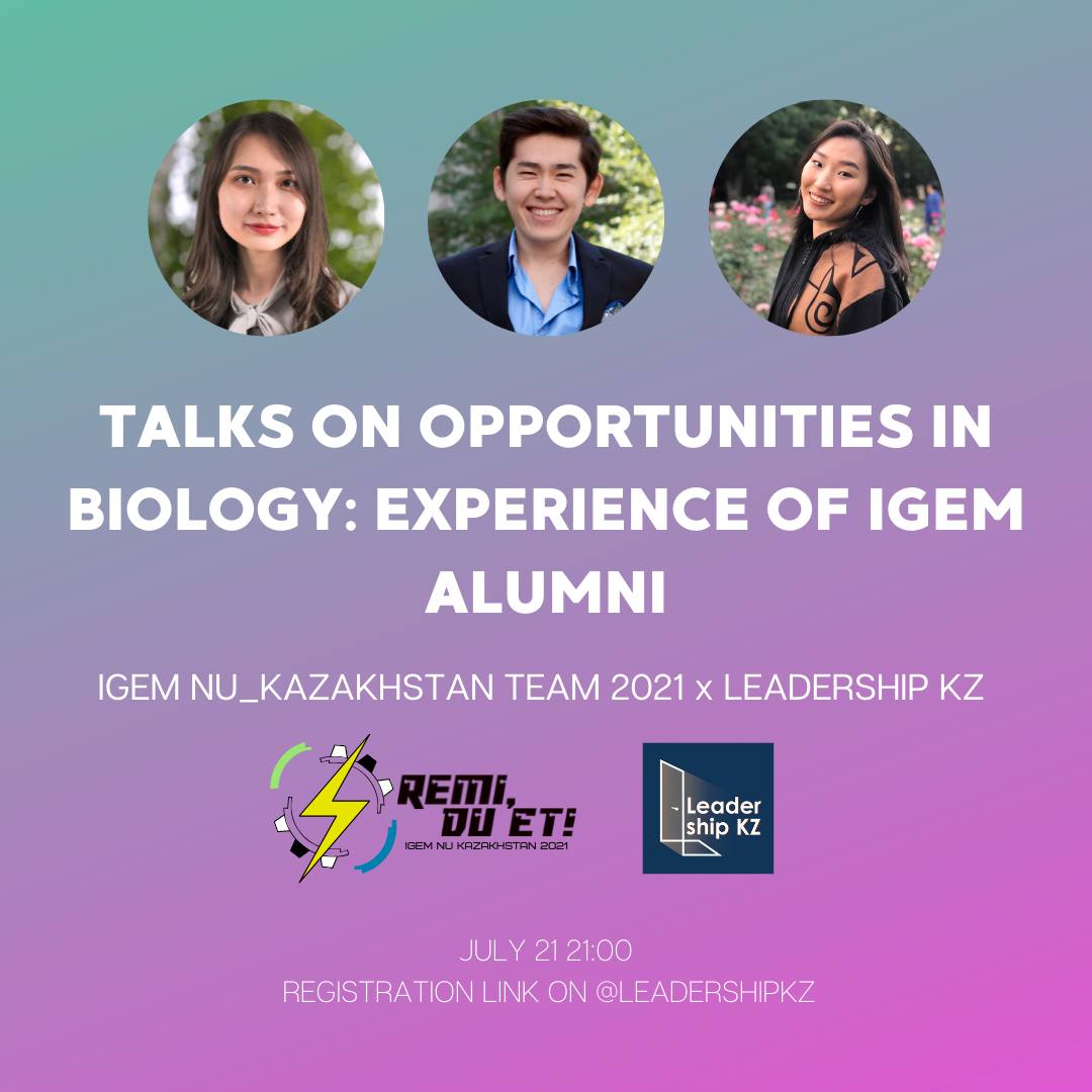 We’re happy to announce that today we will hold an online event with "LeadershipKZ"💡
This event is dedicated to iGEM and opportunities that you can have in the field of biology and science. 
Time: 21:00 (Almaty time)
Everyone is welcome!  
Details: instagram.com/p/CRg4qYFDWRT/…