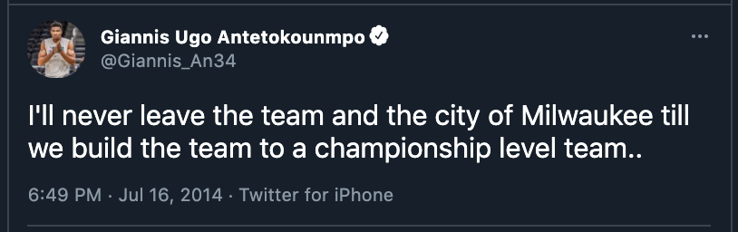 ClutchPoints's tweet photo. Giannis tweeted this back in 2014 after the Bucks went 15-67.

7 years later, he led Milwaukee to an NBA Champion. What a legend. https://t.co/5lkYEfhmKd